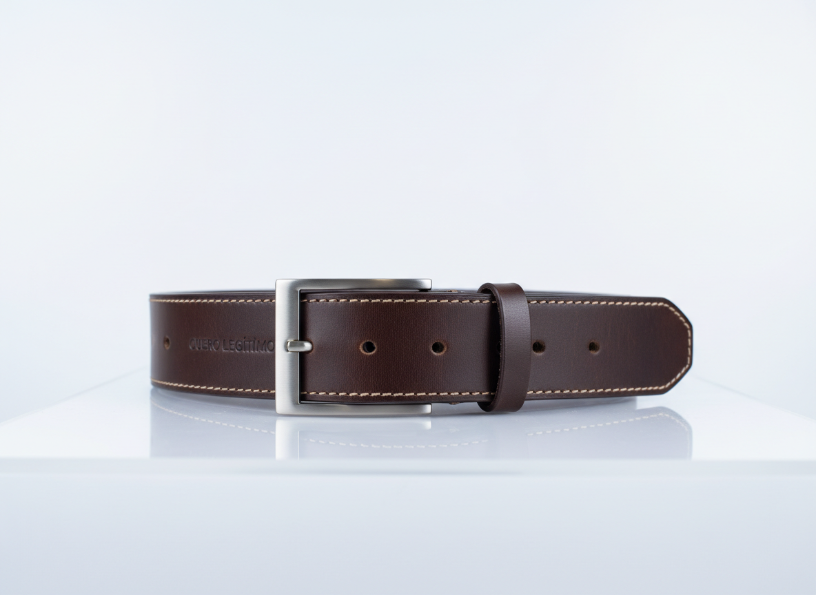 A detailed close‑up of the tip and buckle area of a dark chocolate cuero legítimo belt laid flat on a minimalist white acrylic surface. The camera lingers on the stitching, punched holes, and smooth beveled edges, revealing the craftsmanship and durability. Clean, cool studio lighting from multiple diffused sources removes harsh shadows and creates a precise, high‑end product photography look. The mood is technical yet elegant, ideal for highlighting quality specifications. Shot from a low, side‑on angle with a medium depth of field, the belt stretches toward the horizon line, while the pure white background remains flawlessly smooth, reinforcing a sophisticated, luxury‑tech aesthetic for a premium leather brand.