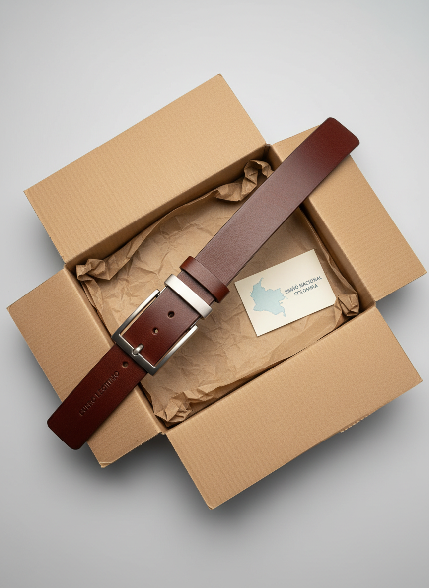 A premium cuero legítimo belt in rich cognac color rests diagonally across an open, unbranded cardboard shipping box lined with simple kraft paper, symbolizing nationwide delivery in Colombia. A discrete printed map outline of Colombia is visible on a tag beside the belt. Neutral, soft studio lighting from above and slightly to the left creates even illumination, emphasizing the natural leather texture and the clean, modern packaging. The background is a smooth light gray, uncluttered and minimalist. The mood is trustworthy and professional, highlighting both elegance and reliable shipping. Captured from a top‑down perspective with precise, sharp focus, the composition uses the rule of thirds to balance the belt, box, and map tag harmoniously.
