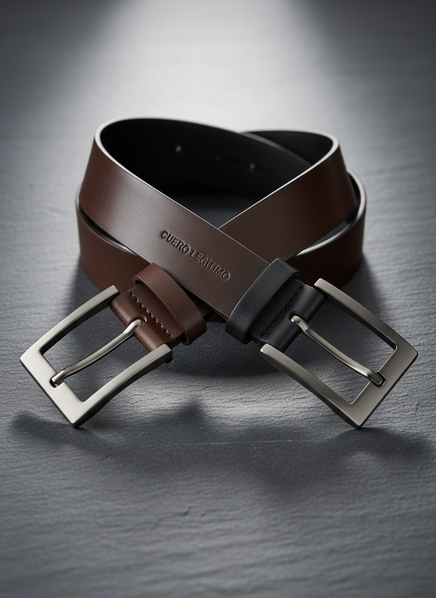 Two contrasting genuine leather belts, one deep espresso brown and one classic black, lie crossed in an X shape on a refined charcoal slate surface, symbolizing unisex versatility. The smooth, full‑grain cuero legítimo shows subtle natural marks and a soft satin finish. Their buckles—one brushed silver, one polished gunmetal—catch the light from a focused, directional studio source above, creating crisp highlights and defined shadows that add depth and drama. The atmosphere is bold, modern, and sophisticated. Photographic realism with a slightly low angle, keeping the intersection of the belts perfectly sharp while the foreground and background edges taper gently out of focus, emphasizing the intersection as the visual focal point for a stylish accessories brand.